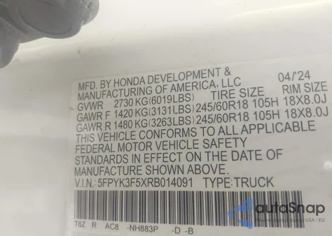 2024 Honda Ridgeline Rtl from USA, damaged, VIN 5FPYK3F5XRB014091